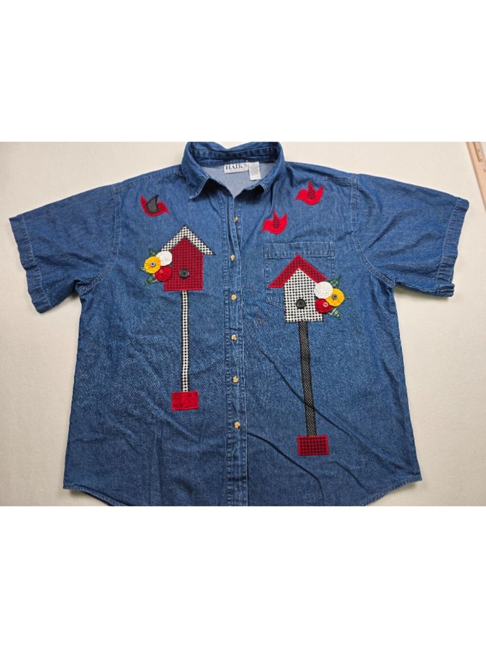 Vintage Haiks Denim Shirt 3X Embroidered Birdhouses Birds Short Sleeve Top